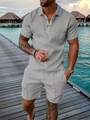 Close-up of men's summer beach set featuring 3D wave texture on grey polo and shorts - S / Top And Bottom / Light Gray