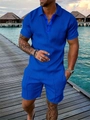 Detail of royal blue men's polo set with textured 3D geometric knit fabric at a resort - S / Top And Bottom / Blue