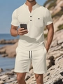 Ensemble de plage décontracté beige pour homme avec chemise henley et short assorti - S / Kaki