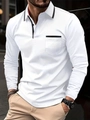 Slim fit heren poloshirt met lange mouwen in wit met zwarte contrastbiezen en borstzak - S / Wit
