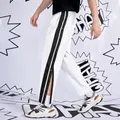 Men's white hip hop straight pants with black side stripes and functional snap buttons - S / Bottoms / White