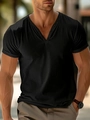 T-shirt uomo traspirante nera con scollo a V, bottoni e tessuto effetto lino - S / Nero