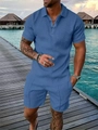 Detailed texture of blue men's summer set with geometric relief pattern and button collar - S / Top And Bottom / Teal