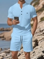 Ensemble de plage décontracté bleu clair pour hommes avec chemise Henley et short à cordon - S / Bleu