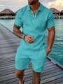 Gros plan sur la texture 3D turquoise de l'ensemble polo et short d'été décontracté pour homme - S / Cyan