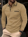 Men's khaki long sleeve polo shirt with black trim collar and pocket detail in street style - S / Khaki