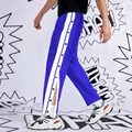 Men's blue hip-hop straight trousers with white side stripes and snap buttons - S / Bottoms / Blue