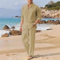 Men's khaki linen two-piece set featuring long sleeve Henley shirt and drawstring pants - S / Khaki