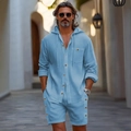 Heren tweedelige set van lichtblauw linnenmix met een shirt met capuchon en korte broek - S / Hemelsblauw