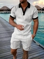 Detail of men's summer polo set with textured geometric knit and black contrast collar - S / Top And Bottom / White With Black Collar
