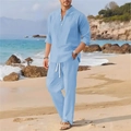 Men's light blue linen 2-piece set featuring a stand collar shirt and drawstring pants - S / Sky Blue