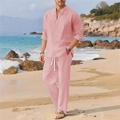 Men's light pink linen cotton 2-piece beach set with long sleeve shirt and drawstring pants - S / Pink