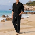 Men's black linen beach set with long sleeve henley shirt and drawstring pants - S / Black