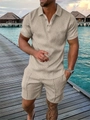 Détail de l'ensemble de plage polo gris avec texture géométrique et vue sur mer - S / Beige