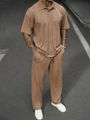Detailed view of khaki knit polo set showing 3D diamond texture and drape fabric - S / Top And Bottom / Caramel color