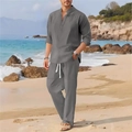 Close-up of men's dark grey linen shirt and trousers set with white drawstring detail - S / Gray