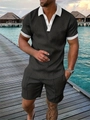 Détail d'un ensemble polo marron à texture géométrique avec col contrasté blanc à la plage - S / Noir Avec Col Blanc