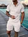 Men's summer casual polo and shorts set in beige with textured geometric jacquard - S / Top And Bottom / White