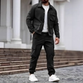 Mens heavy duty retro cargo jacket and multi-pocket pants two piece outfit set - Black