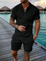 Men's summer casual two-piece beach set with geometric jacquard texture and polo collar - S / Top And Bottom / Black