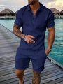 Men's navy blue summer beach set with 3D geometric texture knit polo and shorts - S / Top And Bottom / Navy Blue