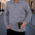 Men's grey long sleeve polo shirt with waffle texture and classic lapel collar - S / Gray