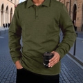 Polo de manga larga entallado para hombre en verde militar con textura de tejido de cesta - S / Verde Militar