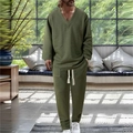 Detail of olive green waffle knit fabric on men's long sleeve loungewear set with drawstring - S / Top And Bottom / Army Green