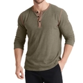 Men's vintage long sleeve Henley shirt in olive green with contrast stitching and buttons - Army Green