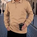 Men's khaki long sleeve polo shirt featuring classic textured knit and buttoned collar - S / Khaki