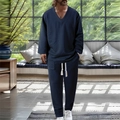 Men's navy blue lounge set featuring V-neck long sleeve top and drawstring pants with texture - S / Navy Blue