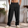 Men's loose straight-leg linen trousers in black with drawstring waist and wooden buttons - S / Black