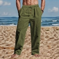 Men's loose straight-leg linen trousers in olive green with drawstring waist for beach vacation - S / Army Green