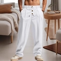 Men's loose white linen drawstring trousers with wooden buttons in a modern living room - S / White