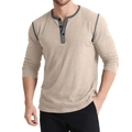 Slim fit men's long sleeve Henley shirt with contrast color collar and three buttons - S / Tops / Khaki