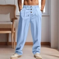 Men's light blue breathable linen pants with drawstring waist and decorative buttons - S / Sky Blue