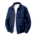 Navy blue men's utility jacket with cargo pockets and metal buttons on white background - S / Khaki