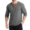 Men's retro long sleeve Henley shirt in dark gray with contrast brown patchwork details - S / Tops / Gray