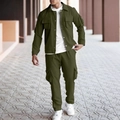 Men's army green cargo suit set with multi-pocket jacket and matching work trousers - S / Top And Bottom / Army Green