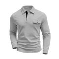 Polo de manga larga para hombre en gris claro con textura de gofre y bolsillo de pecho - S / Gris claro
