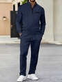 Heren trainingspak in marineblauw met wafelstructuur, polo met rits en bijpassende broek - S / Marineblauw