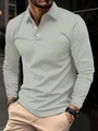 Detail of grey-green long-sleeved polo shirt showing three-button placket and collar - Light Gray
