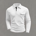 Men's white long sleeve waffle knit polo shirt with contrast collar and chest pocket - S / White