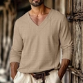 Men's V-neck long sleeve T-shirt with khaki plaid jacquard pattern and drop shoulder design - S / Khaki Plaid