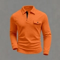 Men's long sleeve orange waffle polo shirt with chest pocket and contrast placket - S / Orange