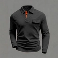 Polo de hombre gris oscuro de manga larga con diseño de cuadros y cuello naranja en contraste - S / Negro