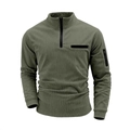 Heren poloshirt in olijfgroen corduroy met kwartritssluiting en tactische armzak detail - S / Legergroen