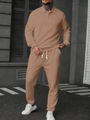 Detail von Waffelstruktur Langarm Polo Shirt und passender Kordelzug Jogginghose Set - Khaki