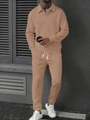 Detail showing textured knit fabric on khaki men's long sleeve polo and trouser set - Khaki
