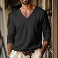 Herren Langarmshirt mit V-Ausschnitt und strukturierter Fischgräten-Textur in Schwarz - S / Schwarzes Karo